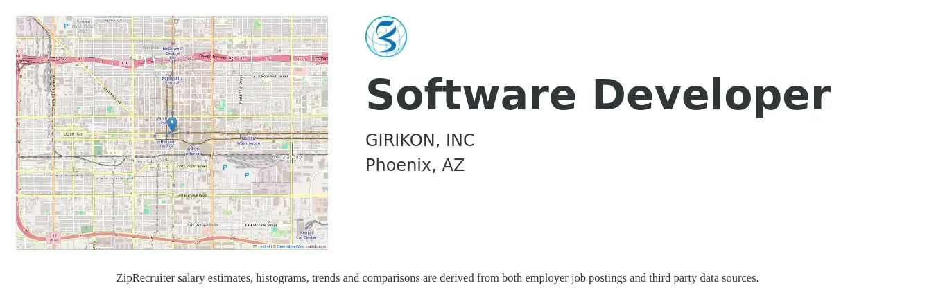 GIRIKON, INC job posting for a Software Developer in Phoenix, AZ with a salary of $89,700 to $129,500 Yearly with a map of Phoenix location.