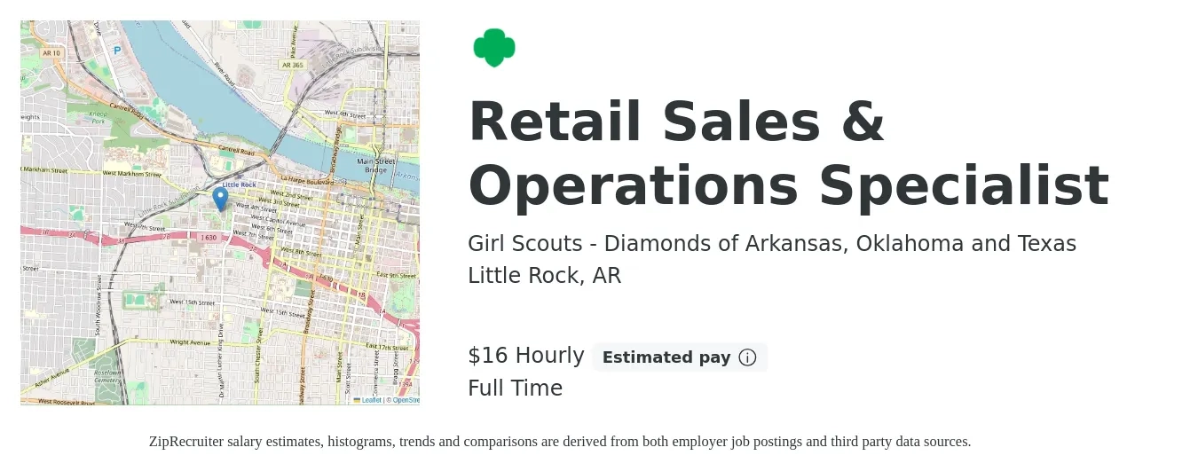 Girl Scouts - Diamonds of Arkansas, Oklahoma and Texas job posting for a Retail Sales & Operations Specialist in Little Rock, AR with a salary of $30,200 to $35,000 Yearly with a map of Little Rock location.
