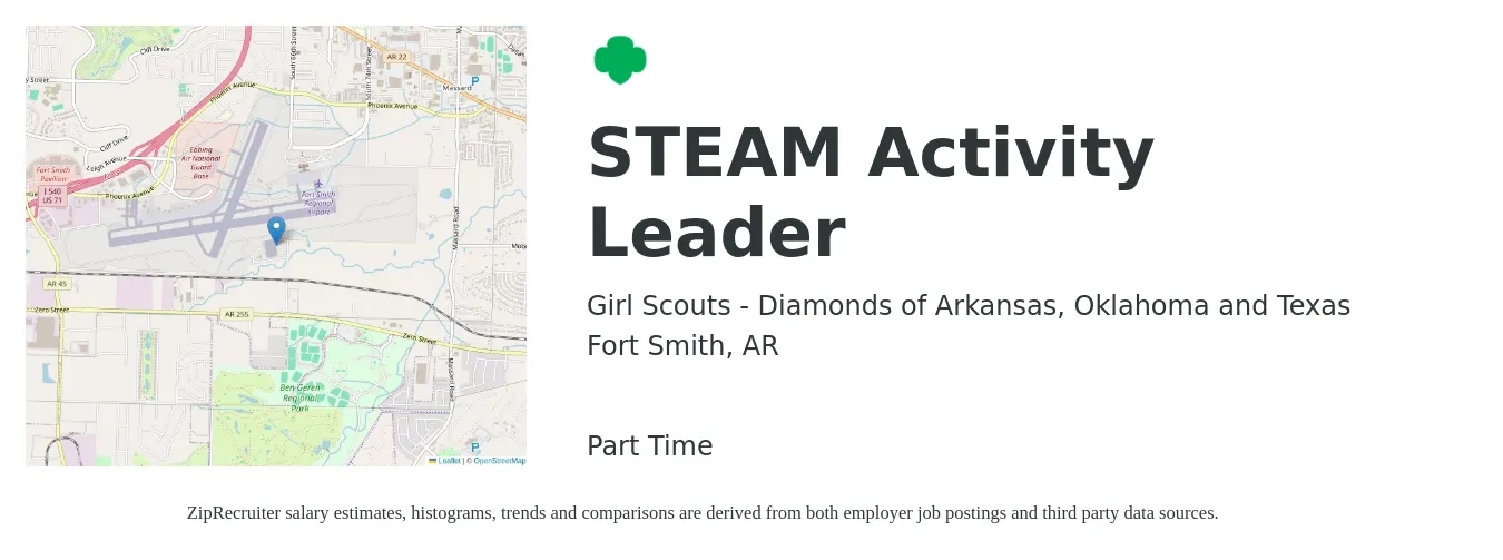 Girl Scouts - Diamonds of Arkansas, Oklahoma and Texas job posting for a STEAM Activity Leader in Fort Smith, AR with a salary of $16 to $18 Hourly with a map of Fort Smith location.