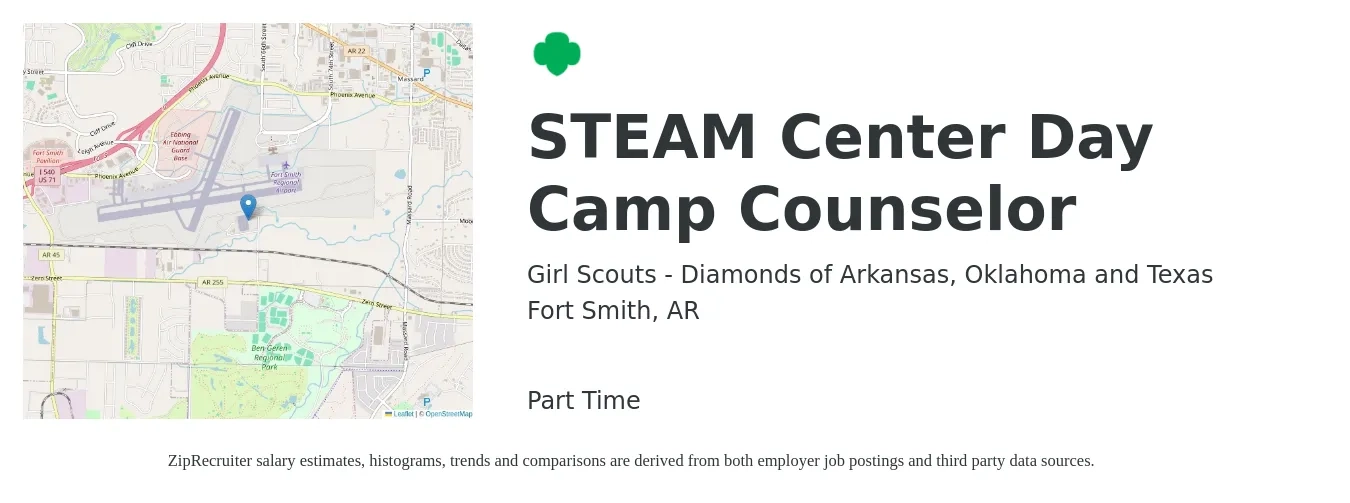 Girl Scouts - Diamonds of Arkansas, Oklahoma and Texas job posting for a STEAM Center Day Camp Counselor in Fort Smith, AR with a salary of $11 to $15 Hourly with a map of Fort Smith location.