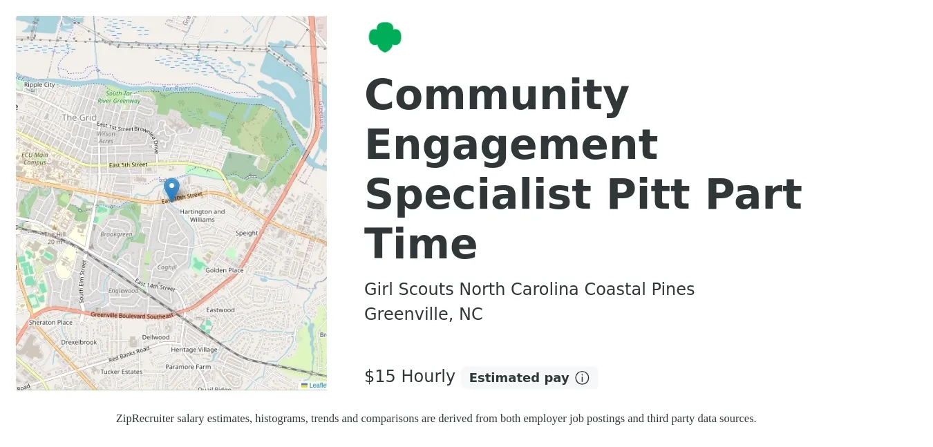 Girl Scouts North Carolina Coastal Pines job posting for a Community Engagement Specialist Pitt Part Time in Greenville, NC with a salary of $16 Hourly with a map of Greenville location.