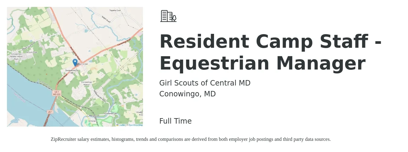 Girl Scouts of Central MD job posting for a Resident Camp Staff - Equestrian Manager in Conowingo, MD with a salary of $35,500 to $38,400 Yearly with a map of Conowingo location.