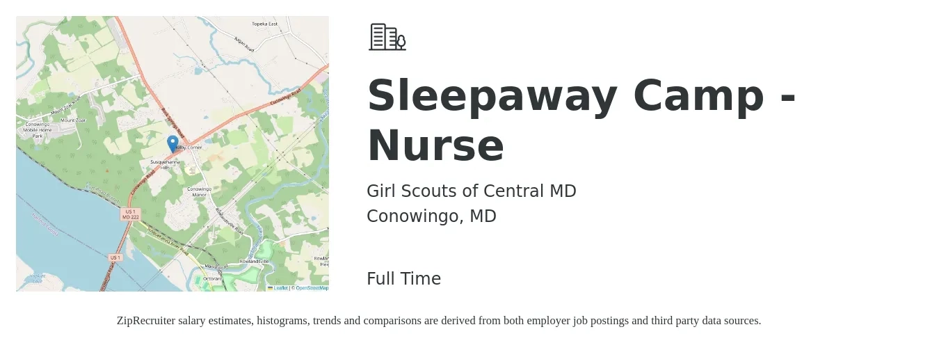 Girl Scouts of Central MD job posting for a Sleepaway Camp - Nurse in Conowingo, MD with a salary of $30 to $43 Hourly with a map of Conowingo location.