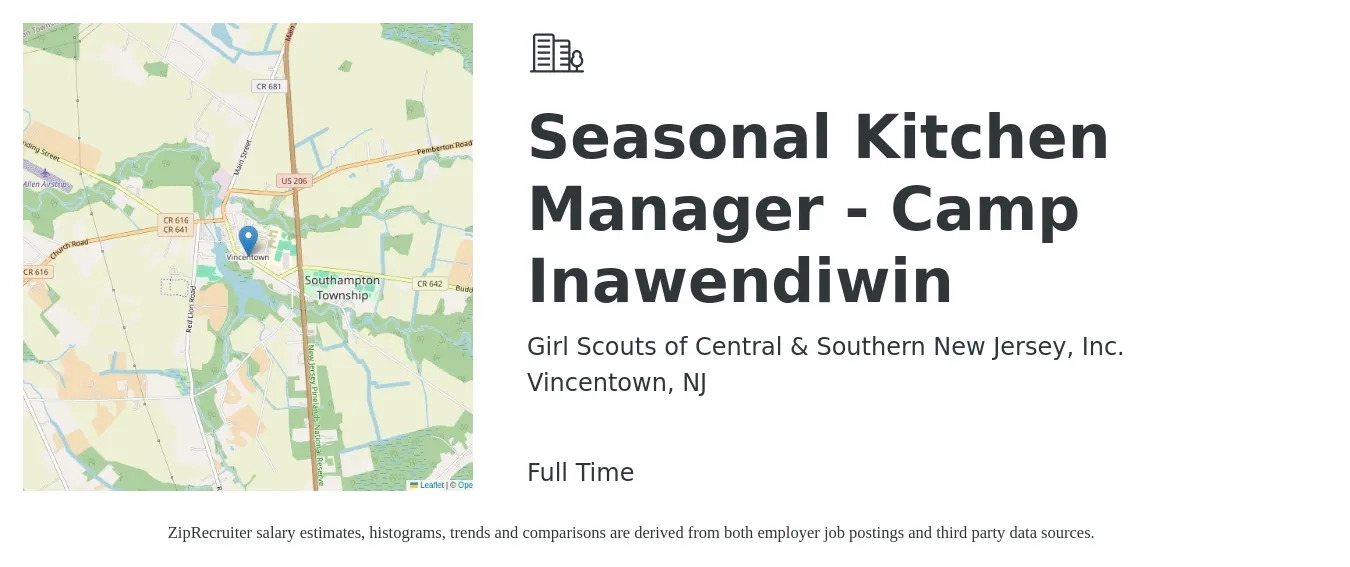 Girl Scouts of Central & Southern New Jersey, Inc. job posting for a Seasonal Kitchen Manager - Camp Inawendiwin in Vincentown, NJ with a salary of $39,200 to $62,800 Yearly with a map of Vincentown location.