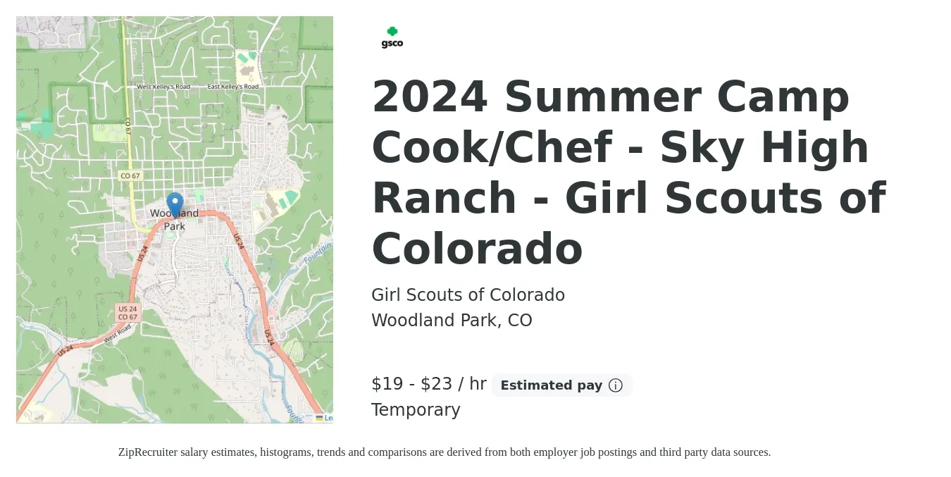 Girl Scouts of Colorado job posting for a 2024 Summer Camp Cook/Chef - Sky High Ranch - Girl Scouts of Colorado in Woodland Park, CO with a salary of $20 to $24 Hourly with a map of Woodland Park location.