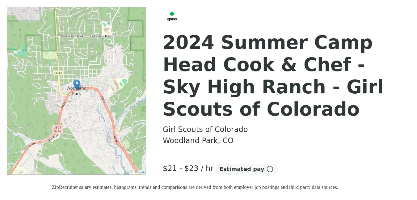 Girl Scouts of Colorado job posting for a 2024 Summer Camp Head Cook & Chef - Sky High Ranch - Girl Scouts of Colorado in Woodland Park, CO with a salary of $22 to $25 Hourly with a map of Woodland Park location.