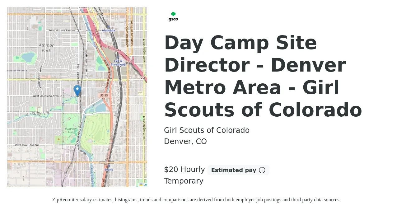 Girl Scouts of Colorado job posting for a Day Camp Site Director - Denver Metro Area - Girl Scouts of Colorado in Denver, CO with a salary of $21 Hourly with a map of Denver location.