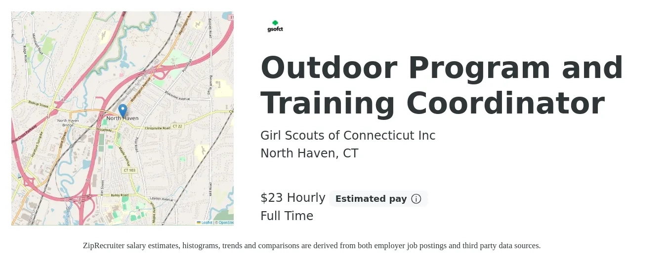 Girl Scouts of Connecticut Inc job posting for a Outdoor Program and Training Coordinator in North Haven, CT with a salary of $24 Hourly with a map of North Haven location.