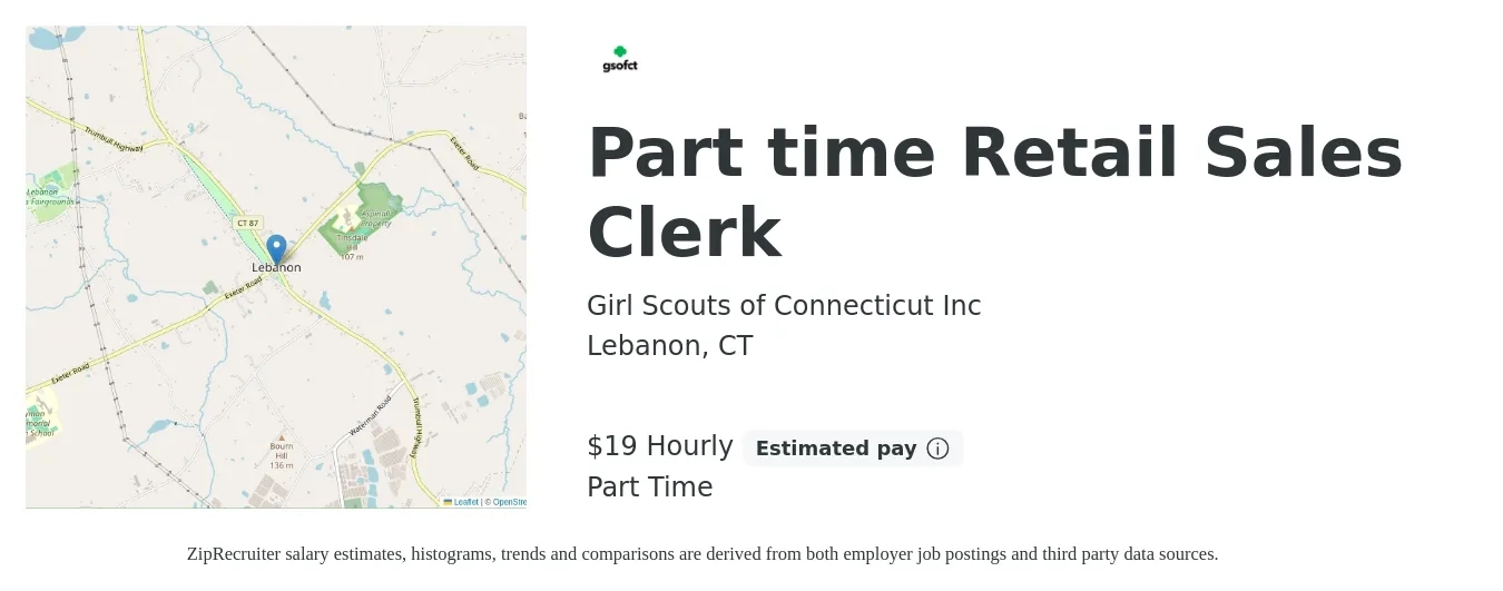 Girl Scouts of Connecticut Inc job posting for a Part time Retail Sales Clerk in Lebanon, CT with a salary of $20 Hourly with a map of Lebanon location.