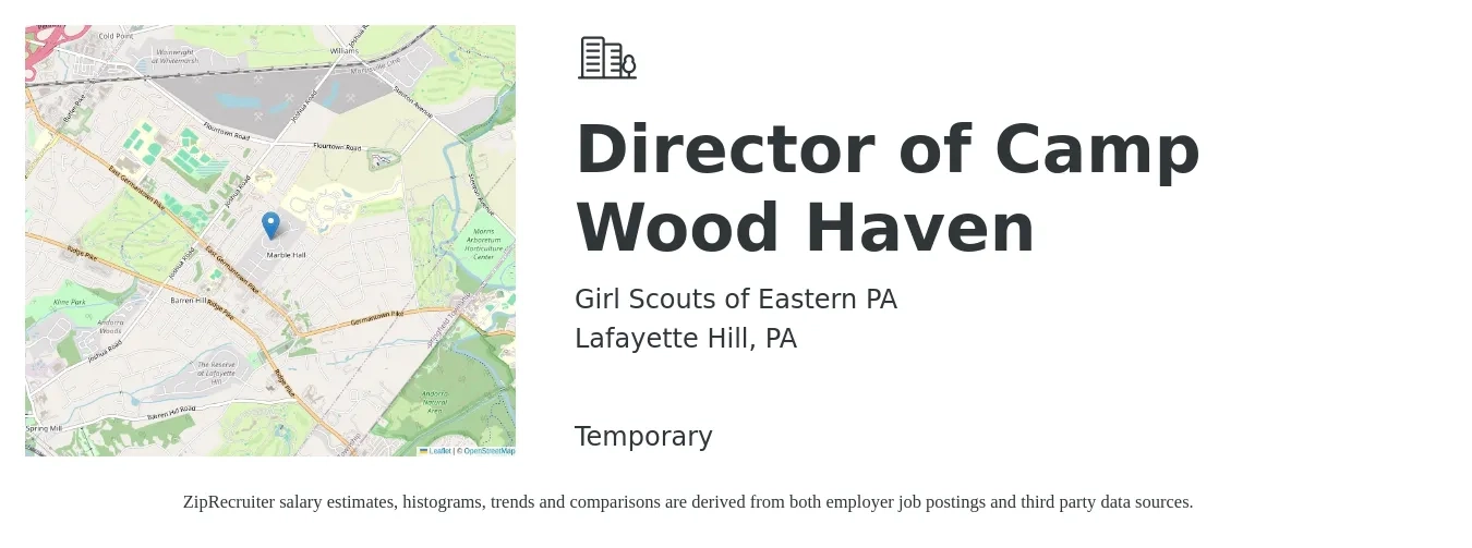 Girl Scouts of Eastern PA job posting for a Director of Camp Wood Haven in Lafayette Hill, PA with a salary of $18 to $24 Hourly with a map of Lafayette Hill location.