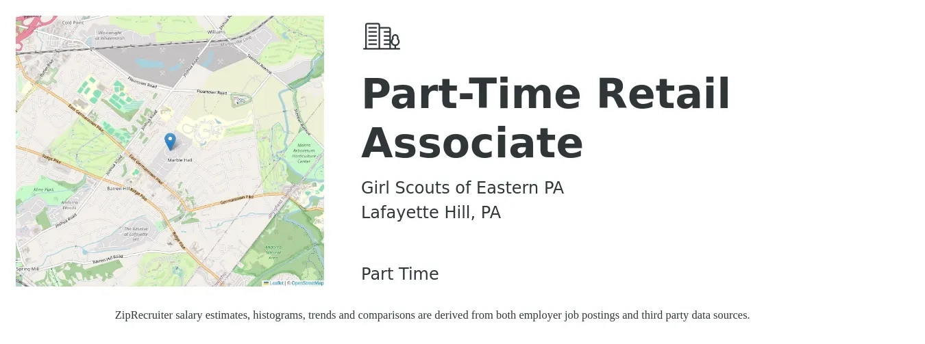 Girl Scouts of Eastern PA job posting for a Part-Time Retail Associate in Lafayette Hill, PA with a salary of $15 to $17 Hourly with a map of Lafayette Hill location.