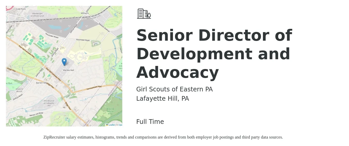 Girl Scouts of Eastern PA job posting for a Senior Director of Development and Advocacy in Lafayette Hill, PA with a salary of $71,400 to $101,400 Yearly with a map of Lafayette Hill location.