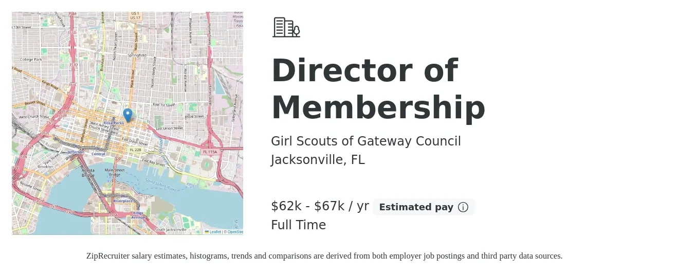Girl Scouts of Gateway Council job posting for a Director of Membership in Jacksonville, FL with a salary of $62,000 to $67,000 Yearly with a map of Jacksonville location.