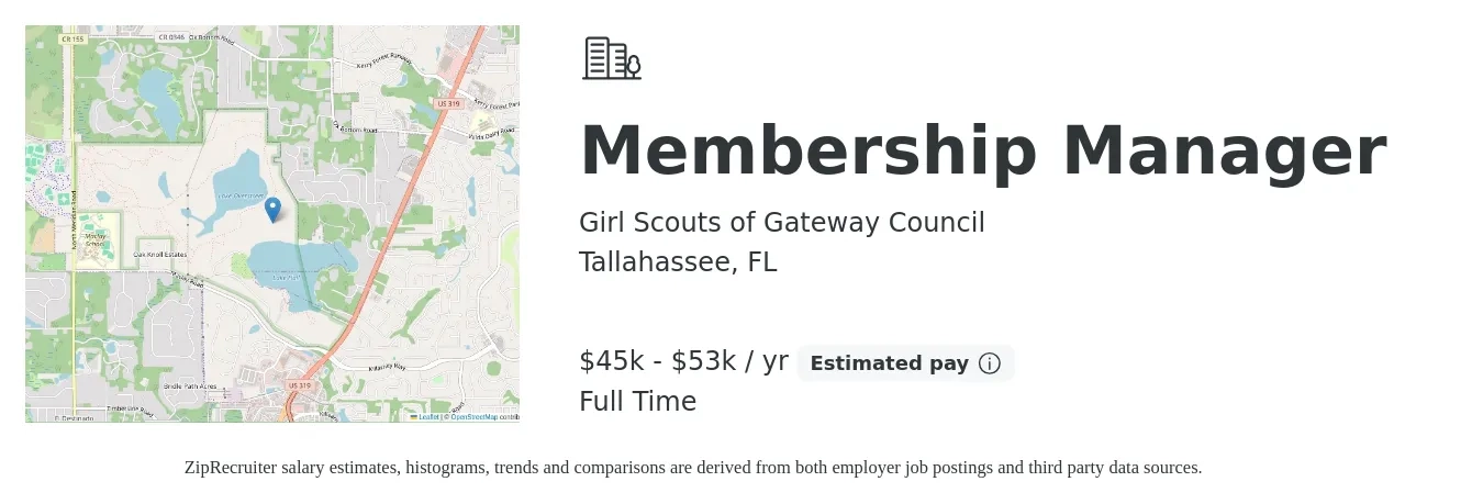 Girl Scouts of Gateway Council job posting for a Membership Manager in Tallahassee, FL with a salary of $45,000 to $53,000 Yearly with a map of Tallahassee location.