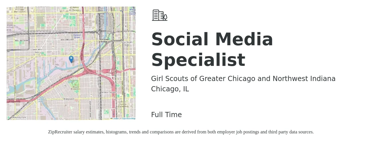 Girl Scouts of Greater Chicago and Northwest Indiana job posting for a Social Media Specialist in Chicago, IL with a salary of $43,300 to $63,900 Yearly with a map of Chicago location.