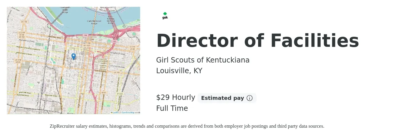 Girl Scouts of Kentuckiana job posting for a Director of Facilities in Louisville, KY with a salary of $64,000 Yearly with a map of Louisville location.