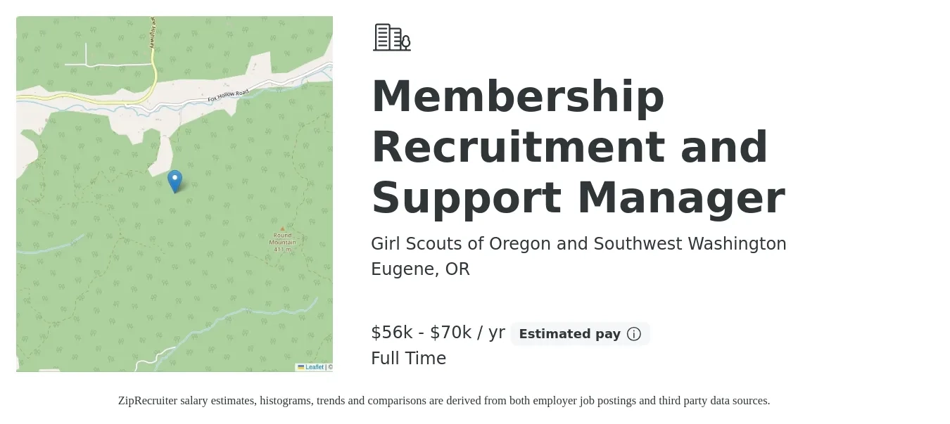 Girl Scouts of Oregon and Southwest Washington job posting for a Membership Recruitment and Support Manager in Eugene, OR with a salary of $56,000 to $70,000 Yearly with a map of Eugene location.