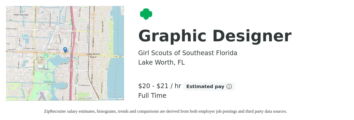 Girl Scouts of Southeast Florida job posting for a Graphic Designer in Lake Worth, FL with a salary of $43,565 to $46,641 Yearly with a map of Lake Worth location.