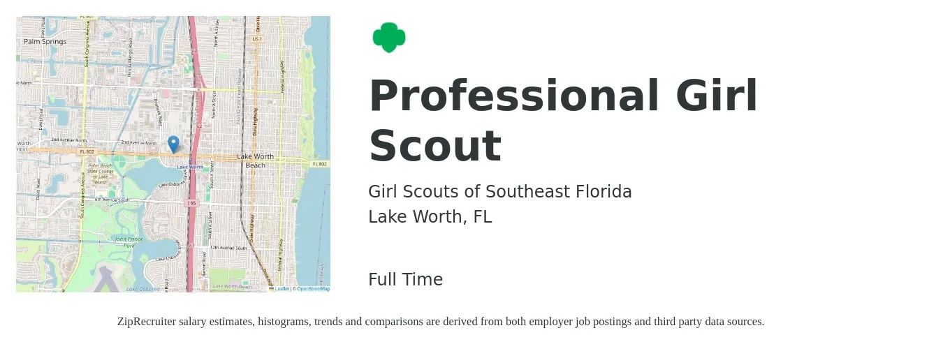 Girl Scouts of Southeast Florida job posting for a Professional Girl Scout in Lake Worth, FL with a salary of $8 to $16 Hourly with a map of Lake Worth location.