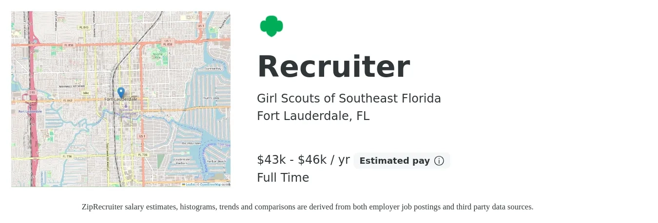 Girl Scouts of Southeast Florida job posting for a Recruiter in Fort Lauderdale, FL with a salary of $43,565 to $46,641 Yearly with a map of Fort Lauderdale location.