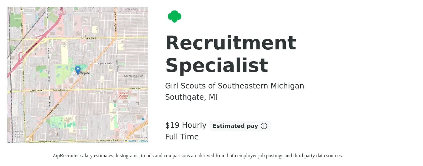 Girl Scouts of Southeastern Michigan job posting for a Recruitment Specialist in Southgate, MI with a salary of $42,000 Yearly with a map of Southgate location.