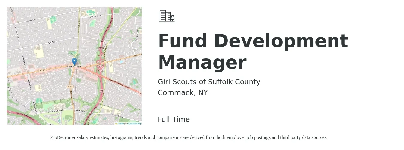 Girl Scouts of Suffolk County job posting for a Fund Development Manager in Commack, NY with a salary of $58,500 to $90,100 Yearly with a map of Commack location.