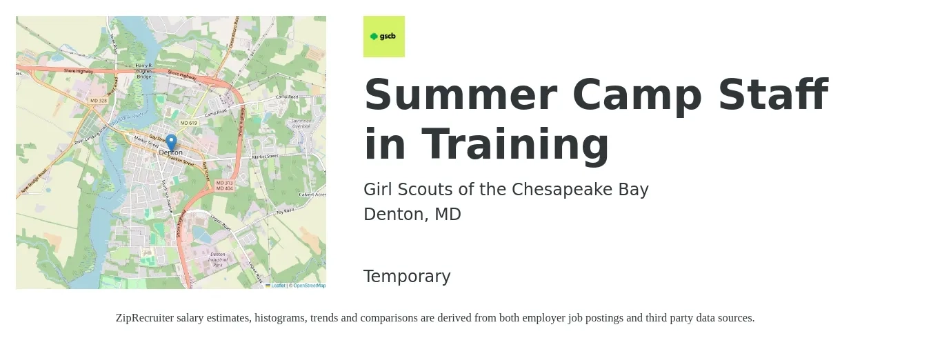 Girl Scouts of the Chesapeake Bay job posting for a Summer Camp Staff in Training in Denton, MD with a salary of $12 to $16 Hourly with a map of Denton location.