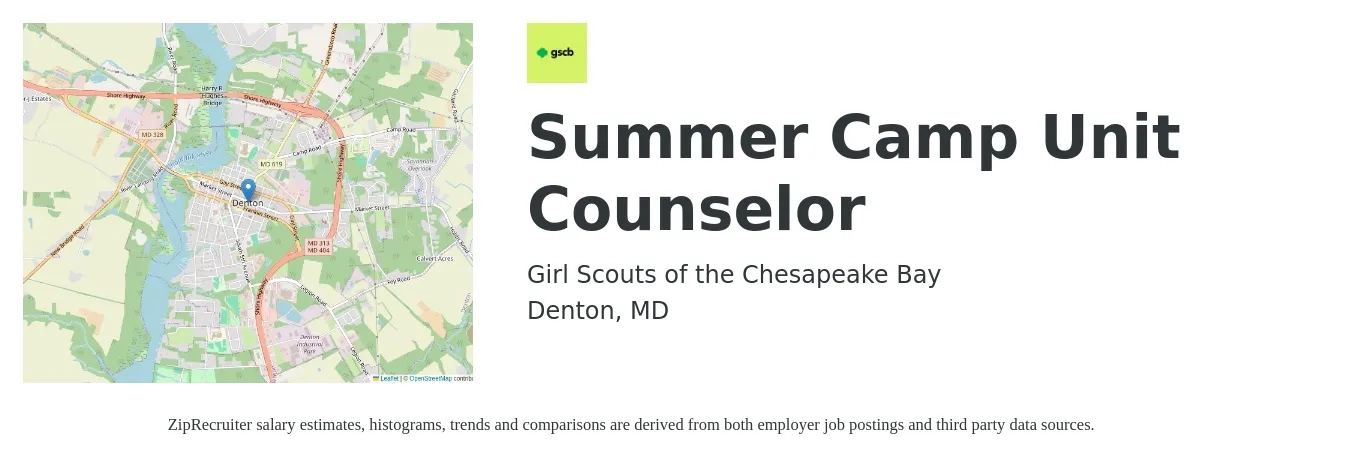 Girl Scouts of the Chesapeake Bay job posting for a Summer Camp Unit Counselor in Denton, MD with a salary of $12 to $16 Hourly with a map of Denton location.