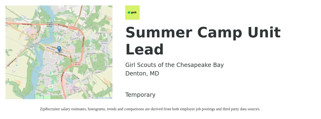 Girl Scouts of the Chesapeake Bay job posting for a Summer Camp Unit Lead in Denton, MD with a salary of $14 to $18 Hourly with a map of Denton location.