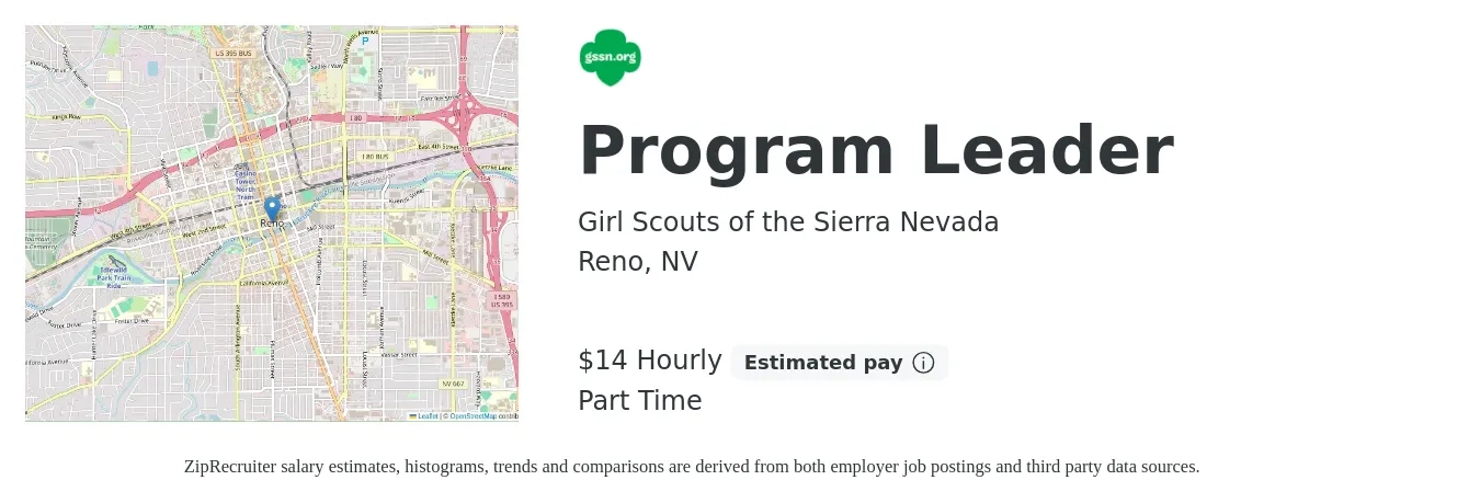 Girl Scouts of the Sierra Nevada job posting for a Program Leader in Reno, NV with a salary of $15 Hourly with a map of Reno location.