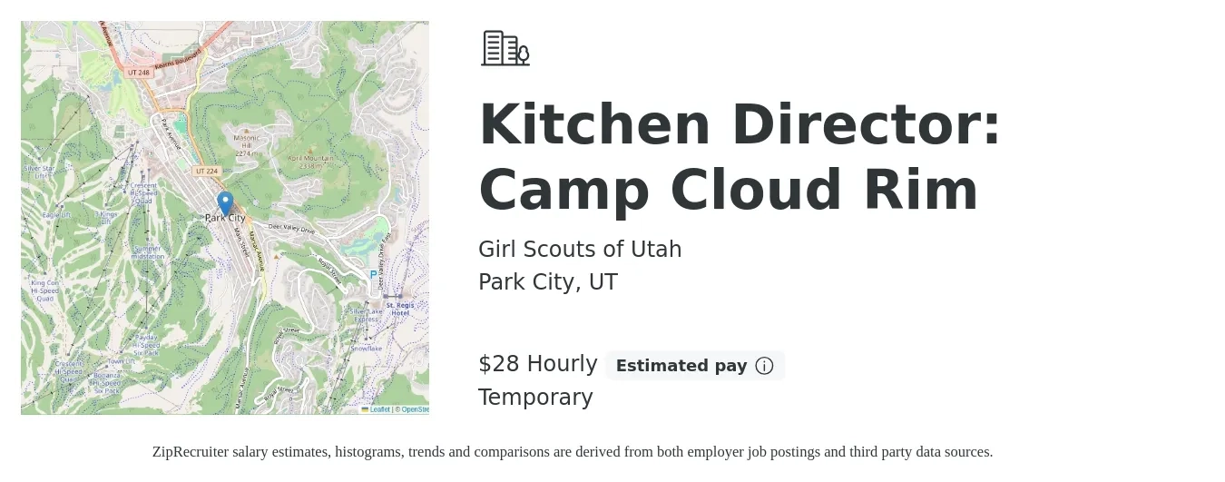 Girl Scouts of Utah job posting for a Kitchen Director: Camp Cloud Rim in Park City, UT with a salary of $1,200 Weekly with a map of Park City location.