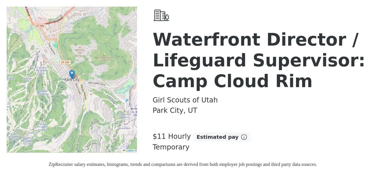 Girl Scouts of Utah job posting for a Waterfront Director / Lifeguard Supervisor: Camp Cloud Rim in Park City, UT with a salary of $475 Weekly with a map of Park City location.