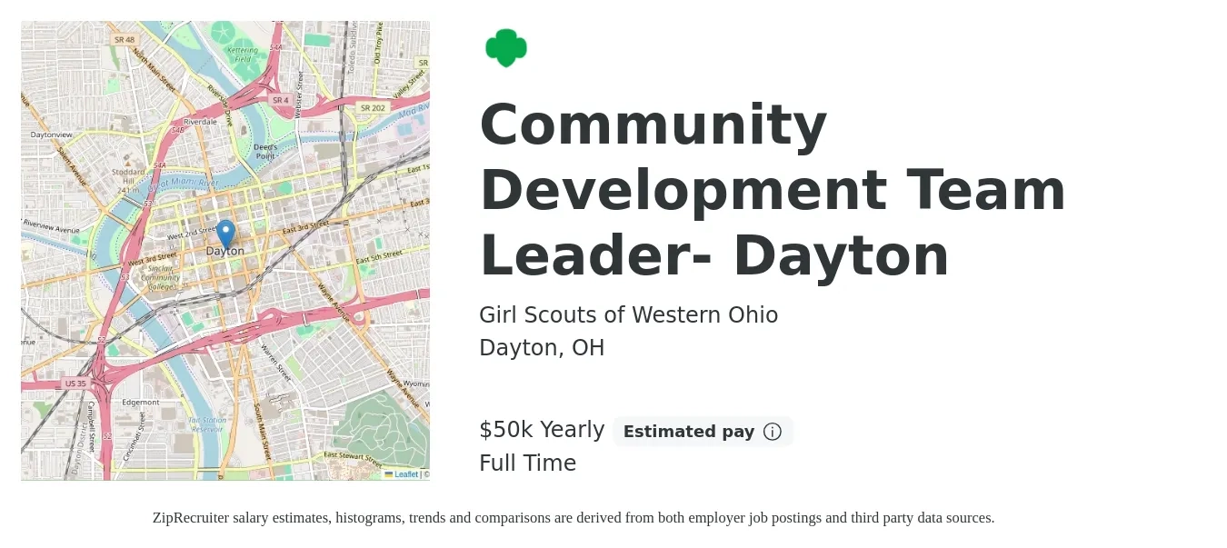 Girl Scouts of Western Ohio job posting for a Community Development Team Leader- Dayton in Dayton, OH with a salary of $50,500 Yearly with a map of Dayton location.