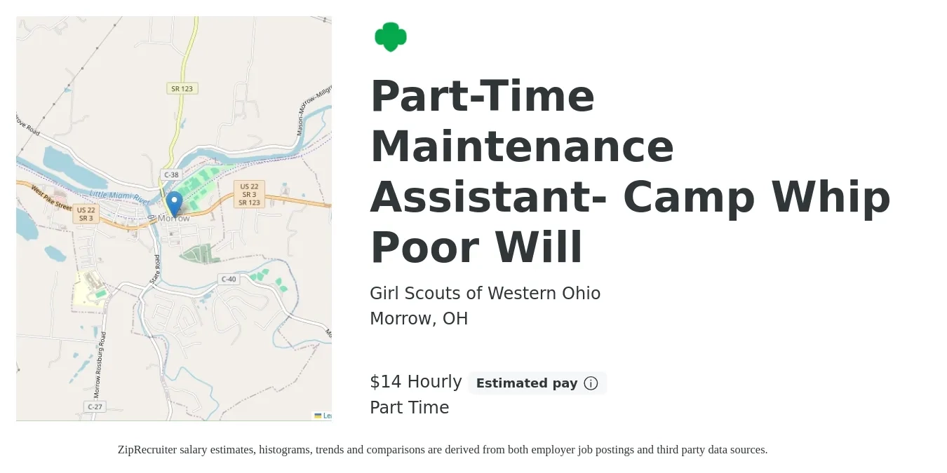 Girl Scouts of Western Ohio job posting for a Part-Time Maintenance Assistant- Camp Whip Poor Will in Morrow, OH with a salary of $15 Hourly with a map of Morrow location.