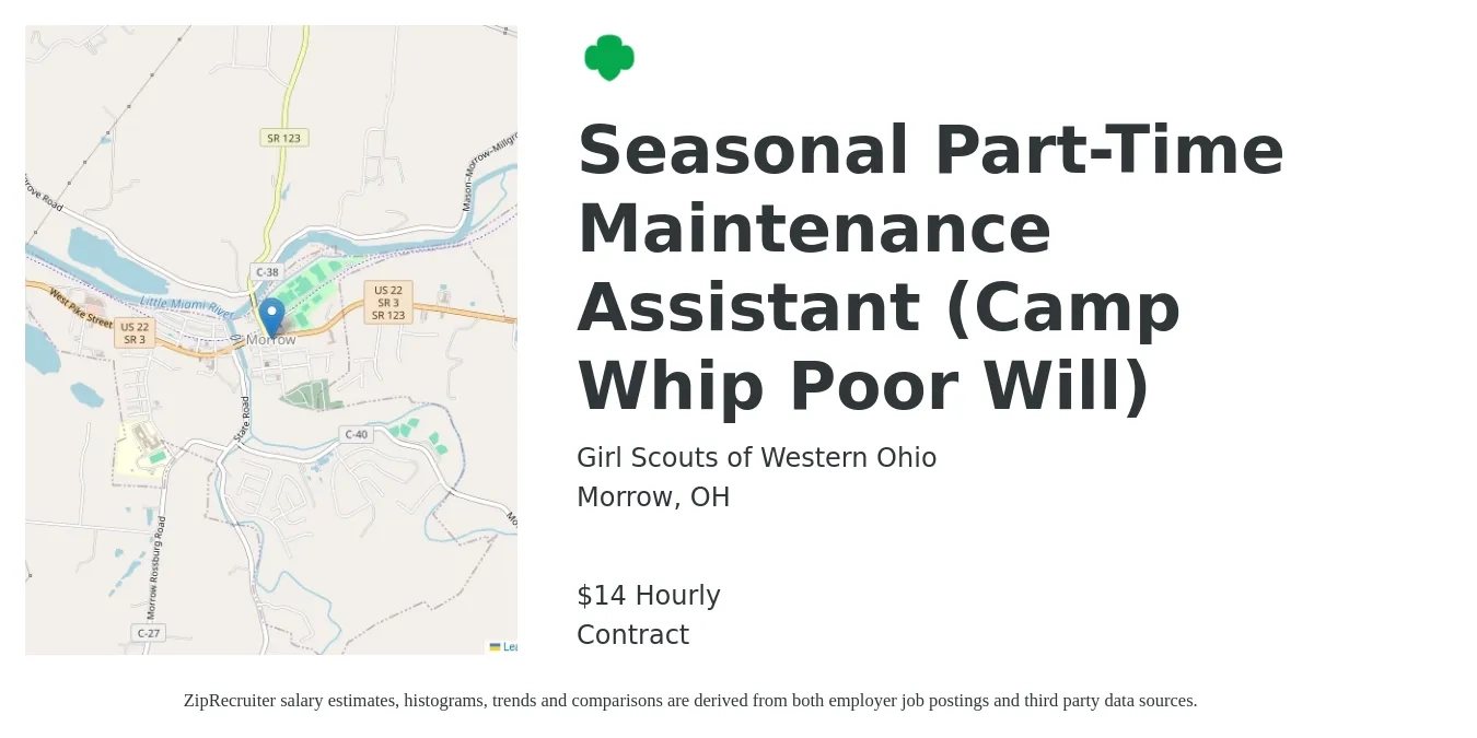 Girl Scouts of Western Ohio job posting for a Seasonal Part-Time Maintenance Assistant (Camp Whip Poor Will) in Morrow, OH with a salary of $15 Hourly with a map of Morrow location.