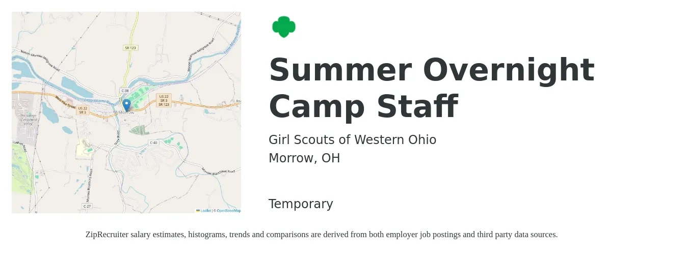 Girl Scouts of Western Ohio job posting for a Summer Overnight Camp Staff in Morrow, OH with a salary of $75 Daily with a map of Morrow location.