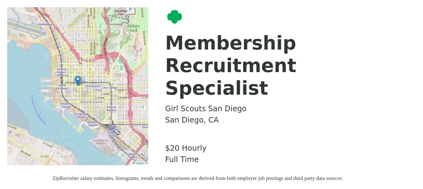 Girl Scouts San Diego job posting for a Membership Recruitment Specialist in San Diego, CA with a salary of $21 Hourly with a map of San Diego location.