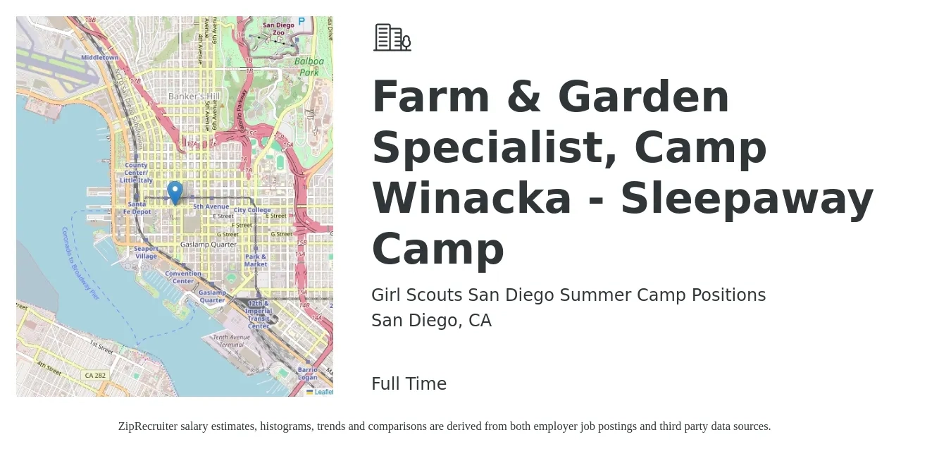 Girl Scouts San Diego Summer Camp Positions job posting for a Farm & Garden Specialist, Camp Winacka - Sleepaway Camp in San Diego, CA with a salary of $92 to $104 Daily with a map of San Diego location.