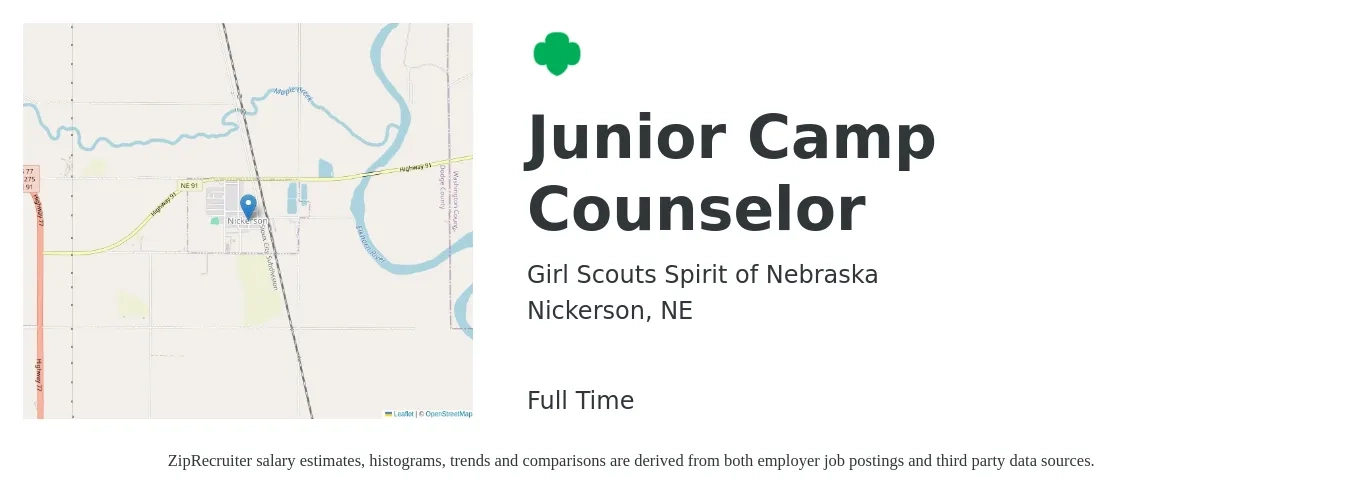 Girl Scouts Spirit of Nebraska job posting for a Junior Camp Counselor in Nickerson, NE with a salary of $12 to $17 Hourly with a map of Nickerson location.