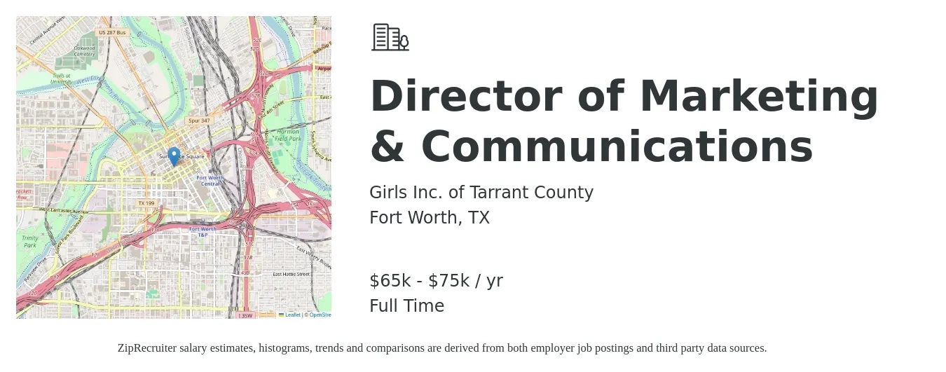 Girls Inc. of Tarrant County job posting for a Director of Marketing & Communications in Fort Worth, TX with a salary of $65,000 to $75,000 Yearly with a map of Fort Worth location.