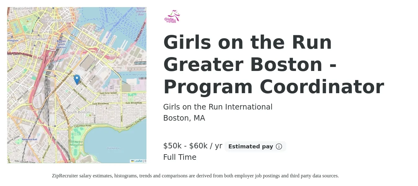 Girls on the Run International job posting for a Girls on the Run Greater Boston - Program Coordinator in Boston, MA with a salary of $50,000 to $60,000 Yearly with a map of Boston location.