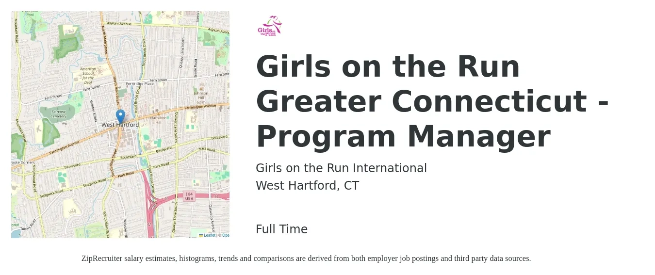 Girls on the Run International job posting for a Girls on the Run Greater Connecticut - Program Manager in West Hartford, CT with a salary of $45,000 to $50,000 Yearly with a map of West Hartford location.