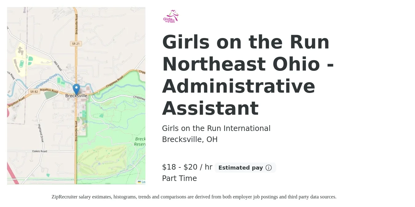 Girls on the Run International job posting for a Girls on the Run Northeast Ohio - Administrative Assistant in Brecksville, OH with a salary of $19 to $21 Hourly with a map of Brecksville location.
