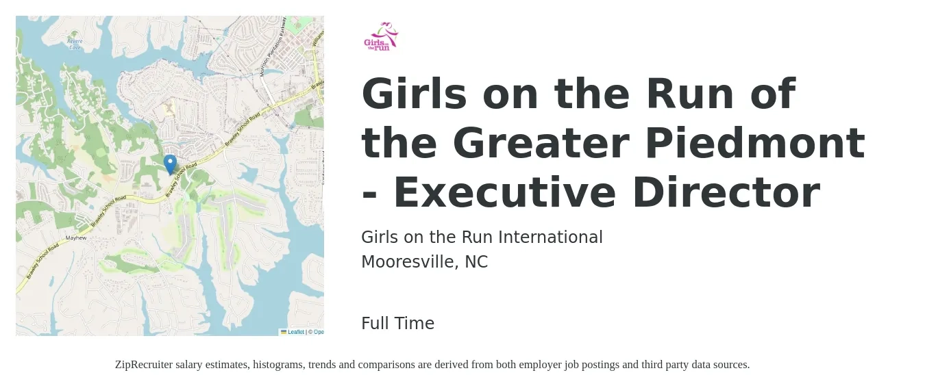Girls on the Run International job posting for a Girls on the Run of the Greater Piedmont - Executive Director in Mooresville, NC with a salary of $165,000 Yearly with a map of Mooresville location.