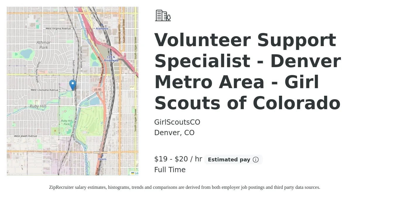 GirlScoutsCO job posting for a Volunteer Support Specialist - Denver Metro Area - Girl Scouts of Colorado in Denver, CO with a salary of $21 to $21 Hourly with a map of Denver location.