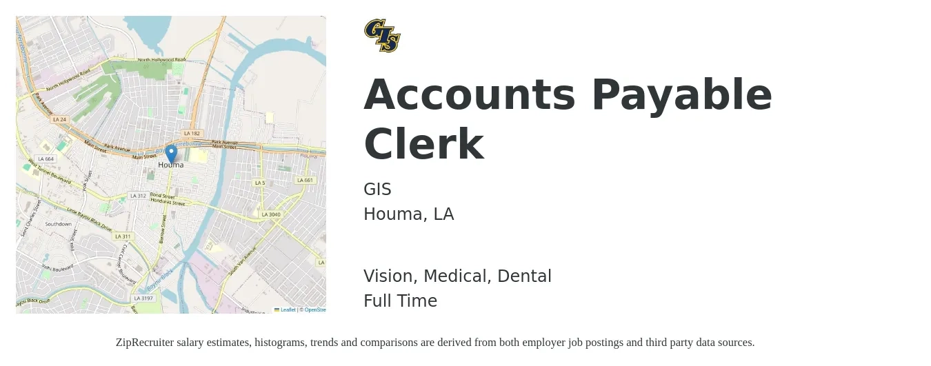 GIS job posting for a Accounts Payable Clerk in Houma, LA with a salary of $18 to $24 Hourly and benefits including life_insurance, medical, pto, retirement, vision, and dental with a map of Houma location.