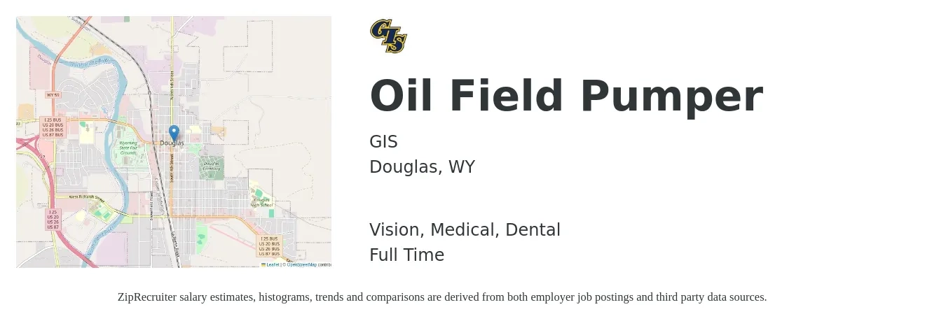 GIS job posting for a Oil Field Pumper in Douglas, WY with a salary of $18 to $30 Hourly and benefits including life_insurance, medical, retirement, vision, and dental with a map of Douglas location.