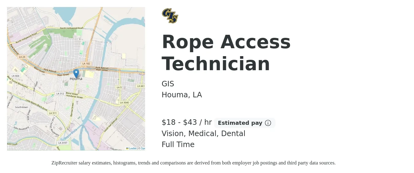 GIS job posting for a Rope Access Technician in Houma, LA with a salary of $19 to $45 Hourly and benefits including dental, life_insurance, medical, retirement, and vision with a map of Houma location.