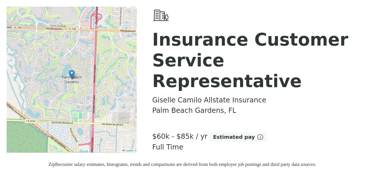 Giselle Camilo Allstate Insurance job posting for a Insurance Customer Service Representative in Palm Beach Gardens, FL with a salary of $60,000 to $85,000 Yearly with a map of Palm Beach Gardens location.