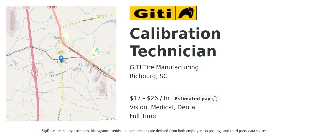 GITI Tire Manufacturing job posting for a Calibration Technician in Richburg, SC with a salary of $18 to $28 Hourly and benefits including medical, retirement, vision, dental, and life_insurance with a map of Richburg location.